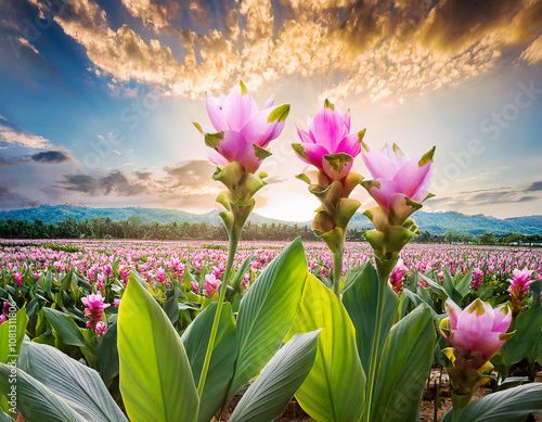 Curcuma sessilis, flowers in a wide field, landscape  in spring photo