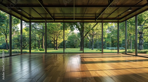 A spacious room with large glass windows showcasing a lush green landscape outside.