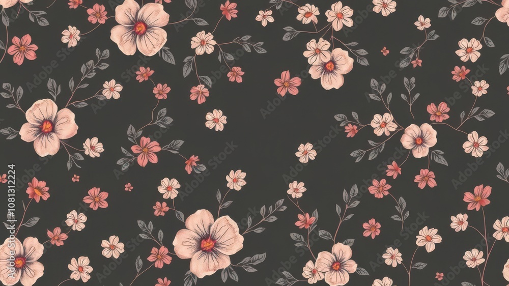 Fototapeta premium Seamless charcoal small floral elements wallpaper with delicate blooms and foliage, small, wallpaper, blooms