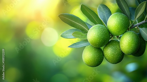 Clusters of vibrant green olives hang from branches, illuminated by soft sunlight in a verdant orchard. The scene captures the beauty of nature