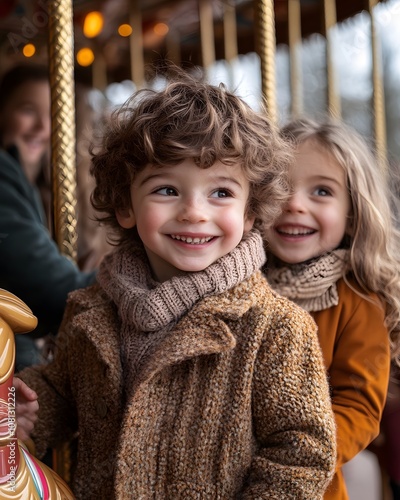 Two cheerful children on a carousel, enjoying a fun day at an amusement park.