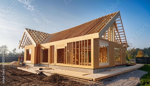 modern house under construction getting new timber frame extension with large windows