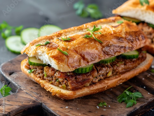 Meatloaf sandwich with mustard and lettuce