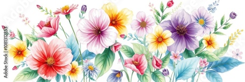 Wallpaper Mural Soft and delicate watercolor illustration of colorful flowers on white background, vibrant, pastel Torontodigital.ca