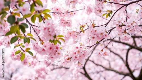 Soft pink sakura petals gently falling against a blurred background of cherry blossom trees in full bloom, seasonal, nature