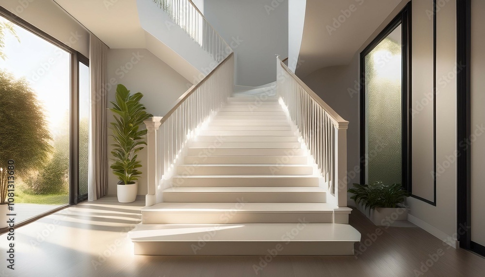 Fototapeta premium the staircase features smooth white st paired with gentle lighting creating a serene atmosphere in a contemporary interior banner