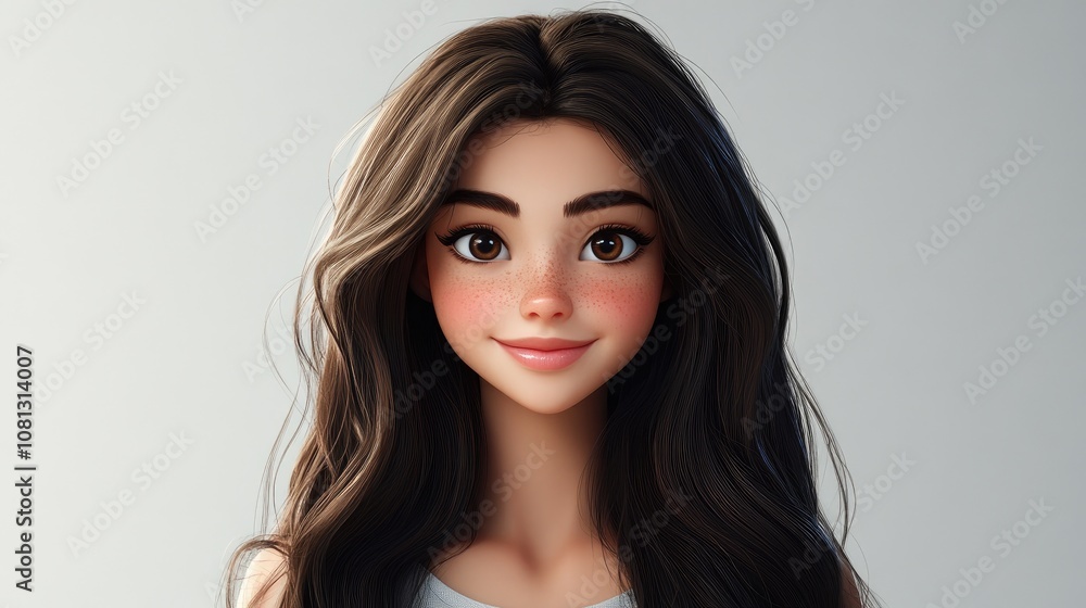 Fototapeta premium Beauty fashion portrait of a smiling young woman with long dark brown hair against a clean white background elegant style portrait photography