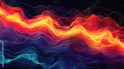 Abstract wavy background with glowing lines in vibrant colors.