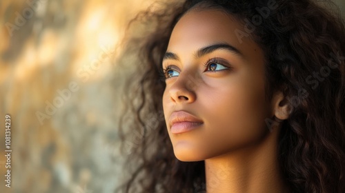 Close-up Portrait of a Young Woman with Curly Hair Looking Upward