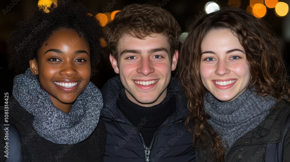 A joyful gathering of three friends showcases their vibrant personalities and warm smiles. The backdrop is a twinkling city park filled with evening lights A joyful gathering of three friends showcases their vibrant personalities and warm smiles. The backdrop is a twinkling city park filled with evening lights