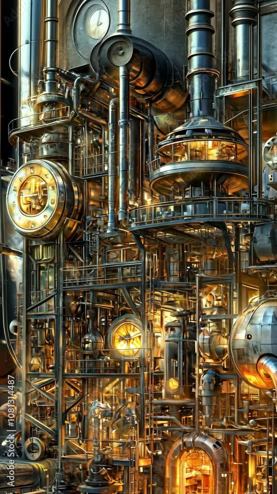 A complex, intricate steampunk clock tower with gold and silver gears and pipes A complex, intricate steampunk clock tower with gold and silver gears and pipes