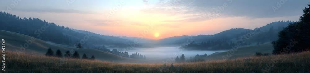 Fototapeta premium Serene sunrise over misty hills, creating a tranquil landscape scene.
