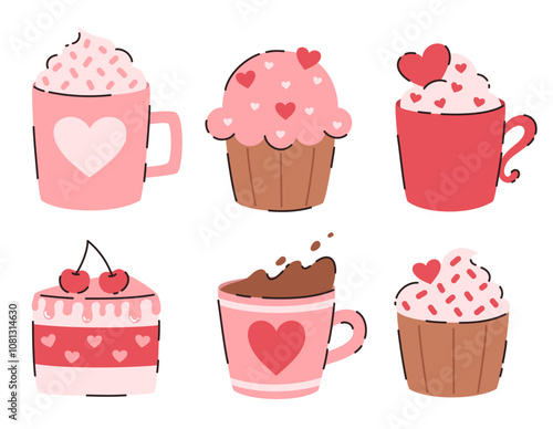 Set of sweets and cups of hot chocolate. Flat vector illustration.