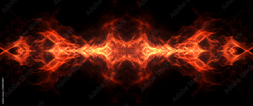 Fototapeta premium An orange and red fire, mirrored and repeating, appears to dance across a black background