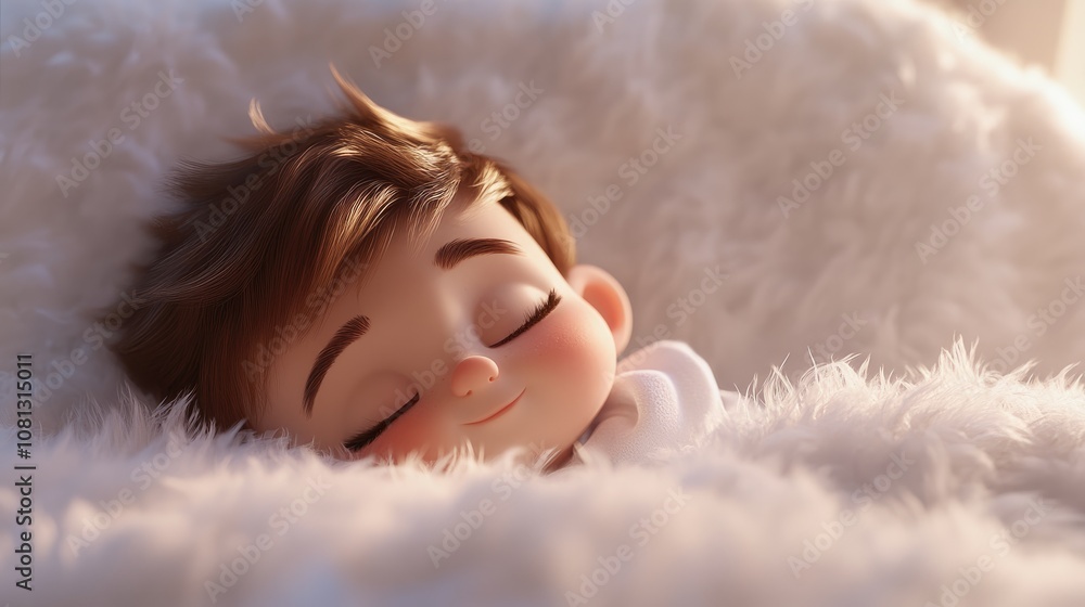 A cute 3D cartoon baby rests on a fluffy white blanket Adorable close up of a little character A cute 3D cartoon baby rests on a fluffy white blanket Adorable close up of a little character