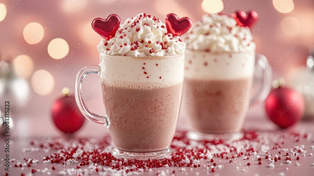 Festive Holiday Hot Chocolate With Whipped Cream and Hearts Festive Holiday Hot Chocolate With Whipped Cream and Hearts