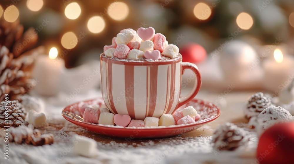 Cozy Hot Chocolate Cup with Marshmallows and Holiday Decor Cozy Hot Chocolate Cup with Marshmallows and Holiday Decor