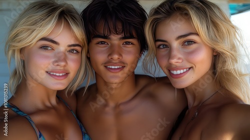 Three friends stand close together against a bright background, smiling warmly at the camera. Their relaxed beach attire and sun-kissed skin reflect a joyful summer day spent outdoors