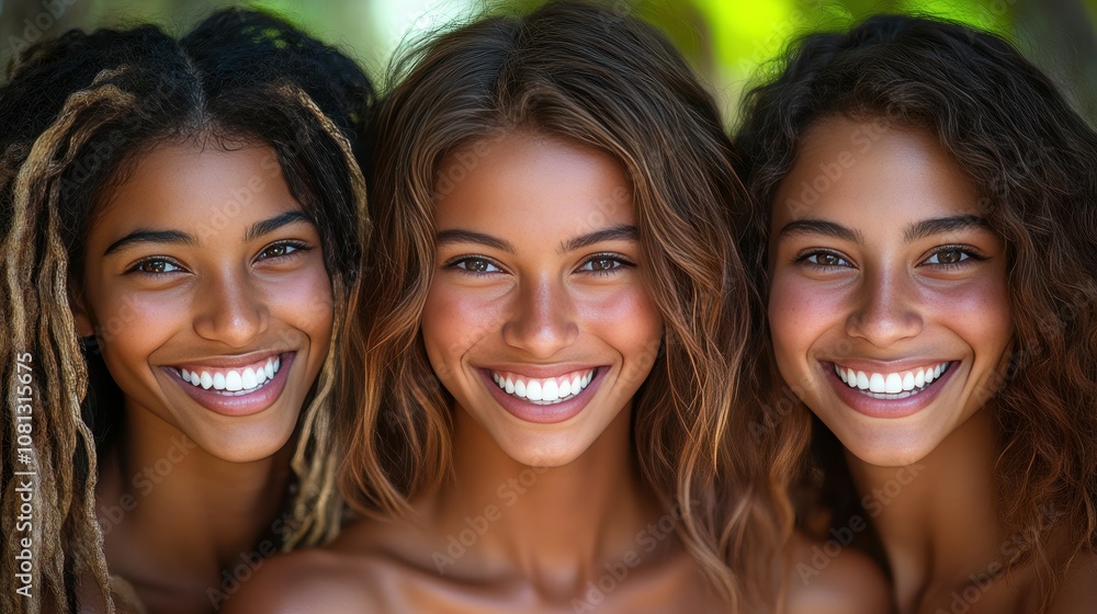 Three joyful young women stand closely together, showcasing their bright smiles. Their carefree expressions and natural beauty reflect a vibrant atmosphere filled with warmth and friendship Three joyful young women stand closely together, showcasing their bright smiles. Their carefree expressions and natural beauty reflect a vibrant atmosphere filled with warmth and friendship