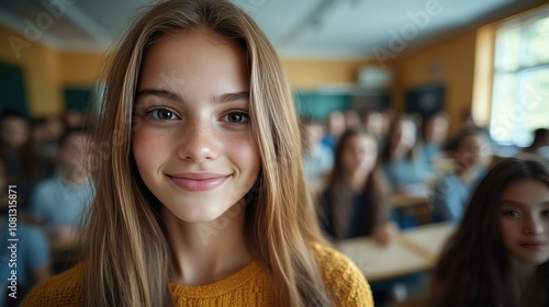 A cheerful student with long hair sits in the foreground, smiling confidently. The classroom behind her is lively, filled with attentive classmates engaged in learning