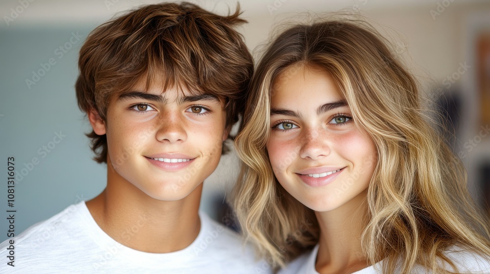 Two teenagers are smiling warmly at the camera in a bright, inviting indoor space. They appear to be enjoying each other’s company during an afternoon get-together Two teenagers are smiling warmly at the camera in a bright, inviting indoor space. They appear to be enjoying each other’s company during an afternoon get-together