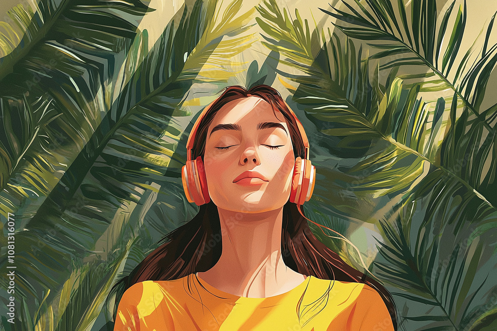 Illustration of peaceful woman doing breathing exercises with headphones, lofi vibes. Illustration of peaceful woman doing breathing exercises with headphones, lofi vibes.