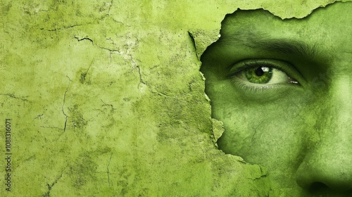 A green eye peers through a cracked, textured wall, blending with the vivid green surface, AI photo