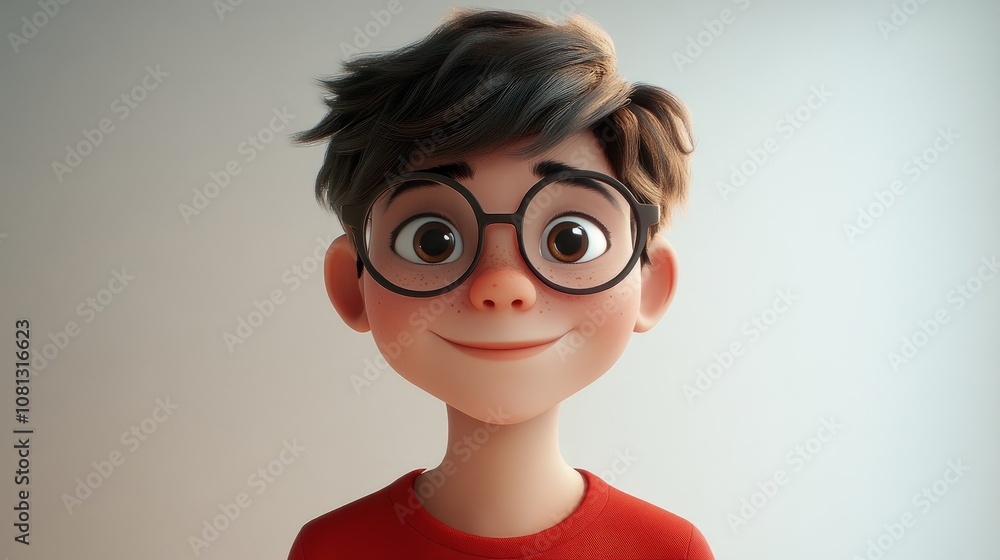 Portrait of a cheerful teenager wearing glasses and a red shirt against a white background ideal for advertising campaigns Portrait of a cheerful teenager wearing glasses and a red shirt against a white background ideal for advertising campaigns