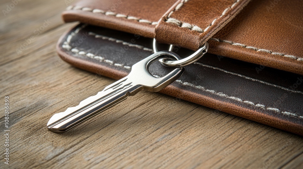 A key attached to a leather wallet on a wooden surface. A key attached to a leather wallet on a wooden surface.