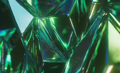 Iridescent green material with folds and creases that reflect light