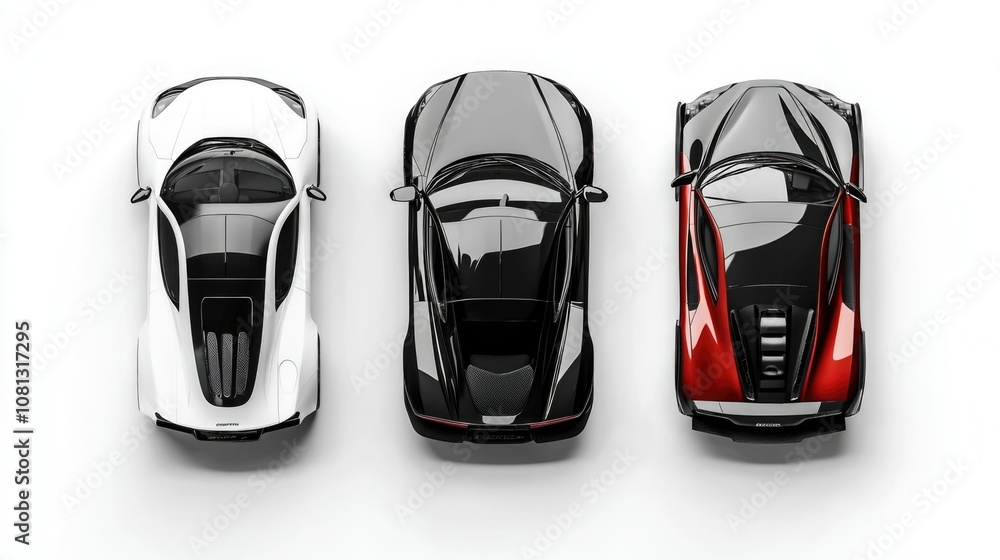 Fototapeta premium Series of sleek sports cars displayed in top view arrangement for automotive design mockup