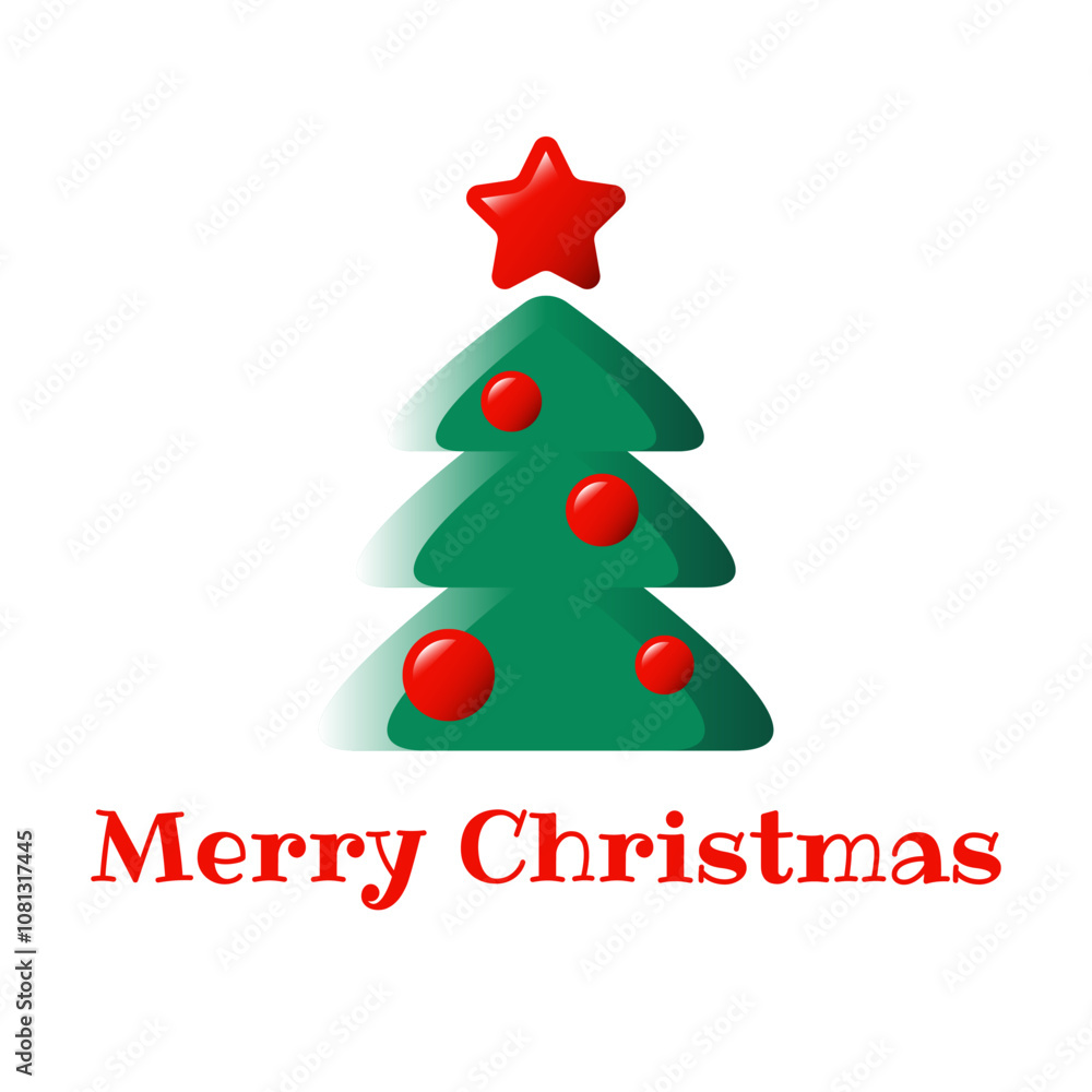 Cute Merry Christmas card with a tree, red star and baubles on a white background. Cute colorful Christmas tree with 3d effect for a poster, banner or a greeting card Cute Merry Christmas card with a tree, red star and baubles on a white background. Cute colorful Christmas tree with 3d effect for a poster, banner or a greeting card