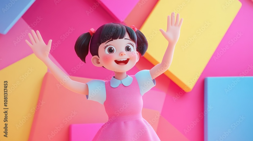 Full body profile portrait of a cheerful schoolgirl waving hello in a pink dress vibrant setting for promotional use Full body profile portrait of a cheerful schoolgirl waving hello in a pink dress vibrant setting for promotional use