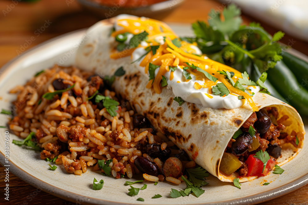Tasty chorizo burrito with seasoned rice, black beans, and salsa roja for a bold and savory experience Tasty chorizo burrito with seasoned rice, black beans, and salsa roja for a bold and savory experience
