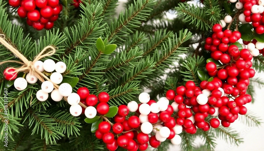 Close-up of vibrant red and white berries adorning lush green Christmas tree branches, creating a festive and cheerful holiday atmosphere. Perfect for seasonal decor and holiday-themed projects.
Close-up of vibrant red and white berries adorning lush green Christmas tree branches, creating a festive and cheerful holiday atmosphere. Perfect for seasonal decor and holiday-themed projects.
