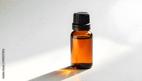 5 ml dark amber essential oil bottle with a classic black cap, set against a stark white canvas, dramatic lighting emphasizing the bottle's contours.