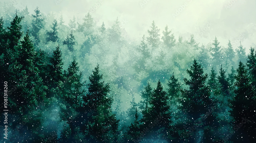 Misty forest with snow falling on tall pine trees. Misty forest with snow falling on tall pine trees.