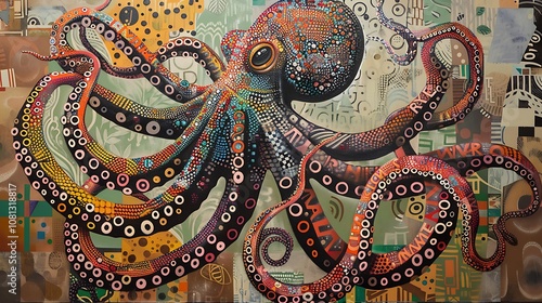 A vibrant mural of an octopus featuring intricate patterns and colors. photo