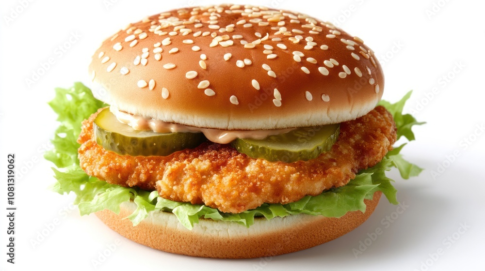 Chicken schnitzel burger with lettuce and pickles, close-up of crunchy texture Chicken schnitzel burger with lettuce and pickles, close-up of crunchy texture