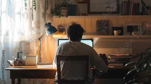 A person working on a computer at a desk in a cozy, well-lit room filled with books and plants.