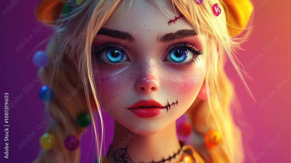 Close up of a mystical blonde girl in Halloween makeup with a spooky expression enjoying jelly sweets perfect for costume party themes creativity fashion Close up of a mystical blonde girl in Halloween makeup with a spooky expression enjoying jelly sweets perfect for costume party themes creativity fashion