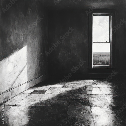 A single window in an empty room, sunlight streams through the window illuminating the tiled floor.