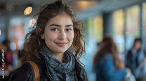 A young, charming female student with long hair and a smile, captured in a close-up, with a university atmosphere and student life vibe.