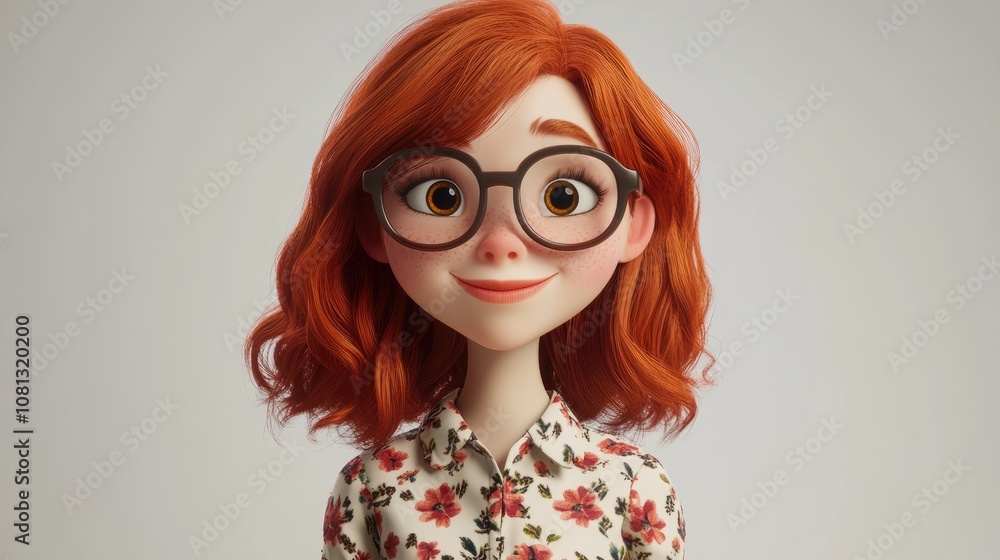 Full length portrait of a pretty girl with red hair and thick glasses in a stylish flower print dress smiling at the camera against a clean white background Full length portrait of a pretty girl with red hair and thick glasses in a stylish flower print dress smiling at the camera against a clean white background