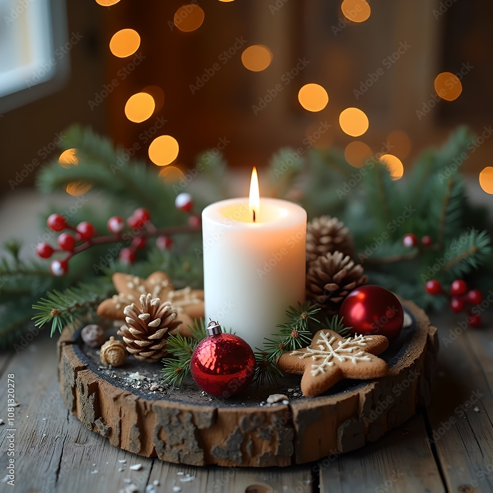 christmas still life with candle and decorations christmas still life with candle and decorations