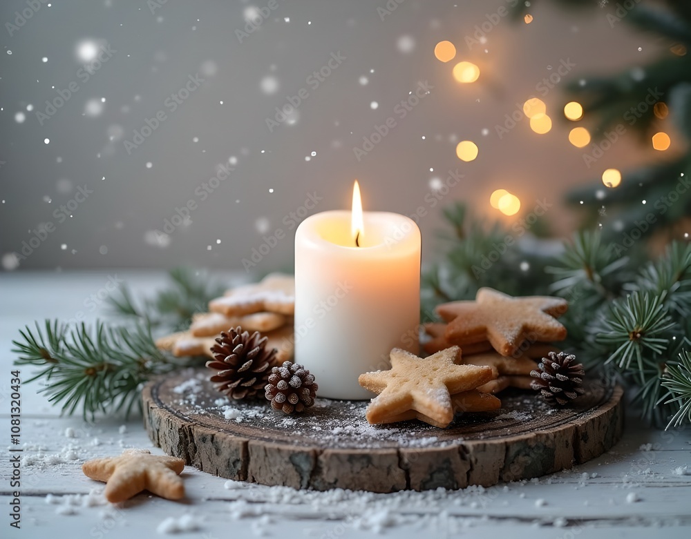 christmas still life with candle and decorations christmas still life with candle and decorations