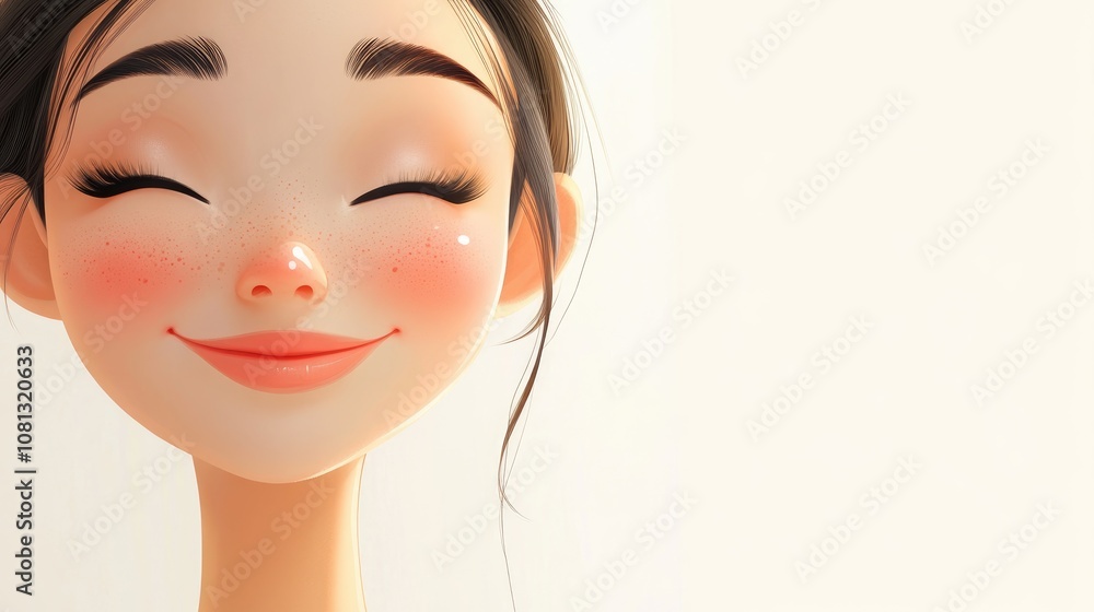 Joyful young character with smooth cheek and bright smile featuring fresh skin Cheerful expression against a light backdrop Beauty and Care Theme Joyful young character with smooth cheek and bright smile featuring fresh skin Cheerful expression against a light backdrop Beauty and Care Theme