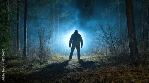 Mysterious figure in a foggy forest at night.