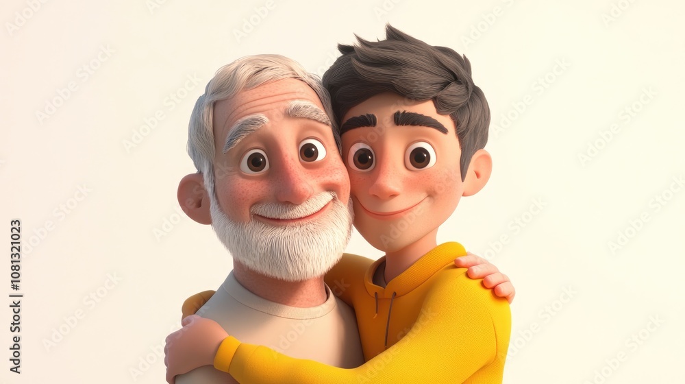 Mature man and younger man embracing warmly against a clean white background symbolizing love and connection Mature man and younger man embracing warmly against a clean white background symbolizing love and connection