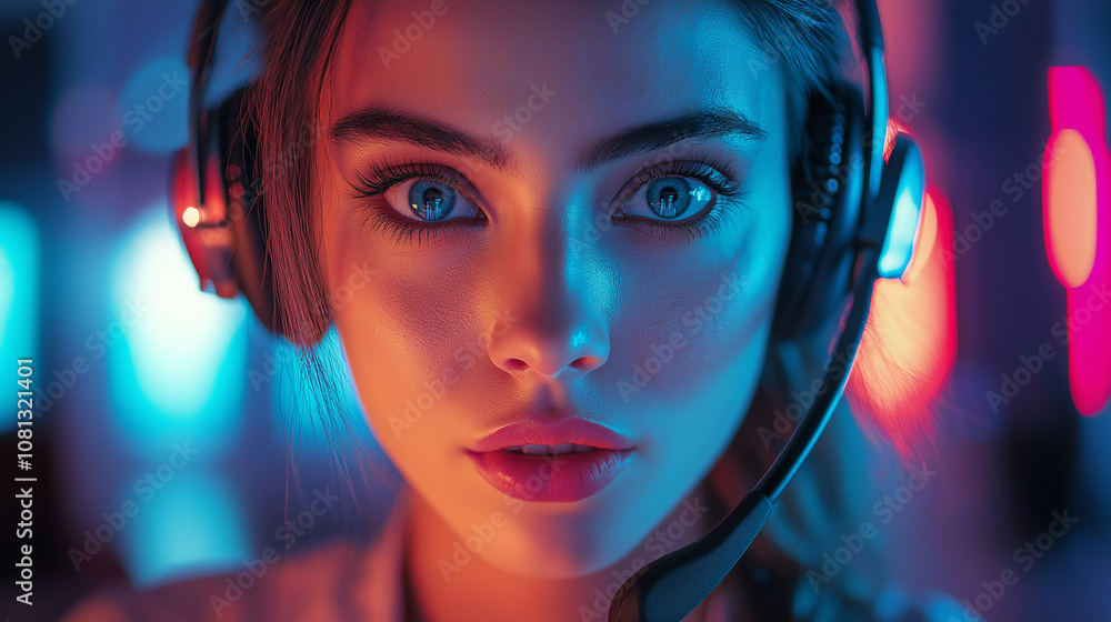 Close-up of a young woman wearing headphones; vibrant blue and red lighting Close-up of a young woman wearing headphones; vibrant blue and red lighting